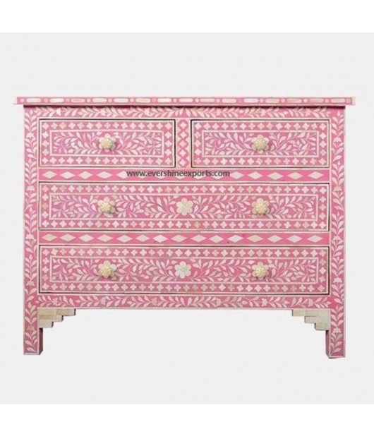 Bone Inlay Floral Chest Of 4 Drawer Hot Pink