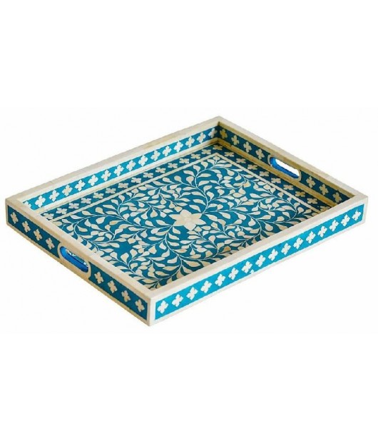 Indian Bone Inlay Floral Pattern Serving Tray 