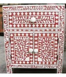 Indian Handmade Red & White floral Beautiful Bone Inlay Night Stand