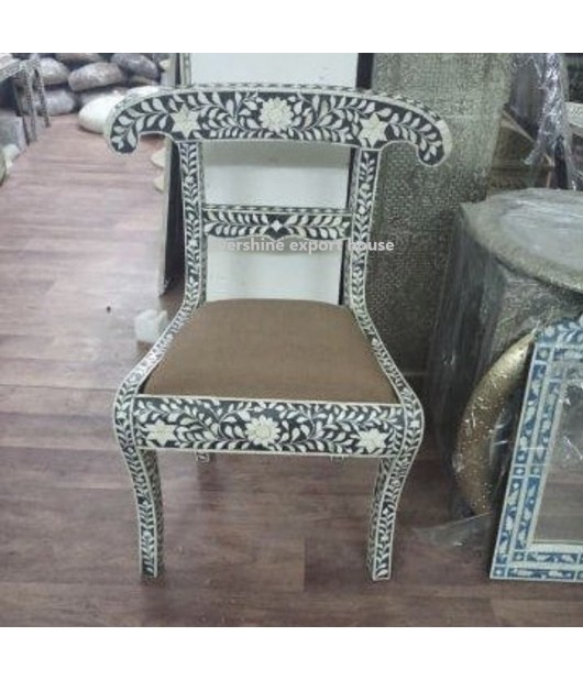 Indian Handmade Bone Inlay Floral Black Dinning table Chair 