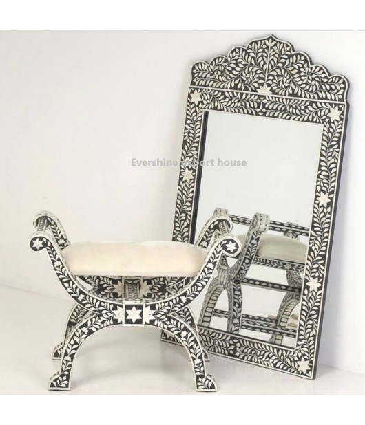 Indian Handmade Black & White floral Bone Inlay mirror and Roman Chair Combo
