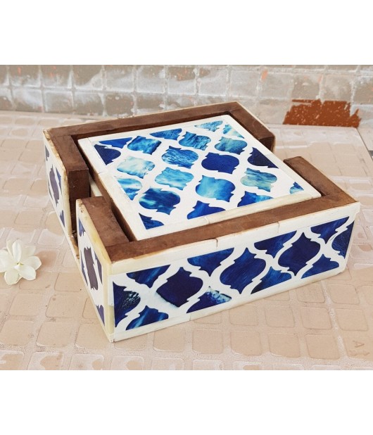 Indian Handmade Coffee and Tea Coaster Bone Inlay Coaster Set of 6 With Box