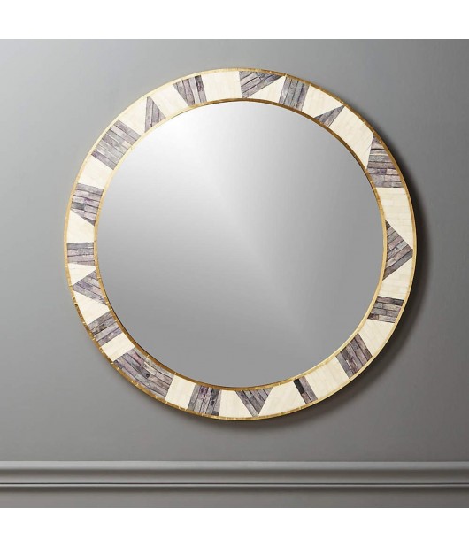 Indian Handmade Grey Bone Inlay Circle Mirror Frame