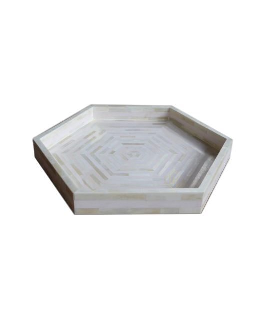 Indian Handmade Bone Inlay Wooden Modern Hexagon Pattern Serving Tray