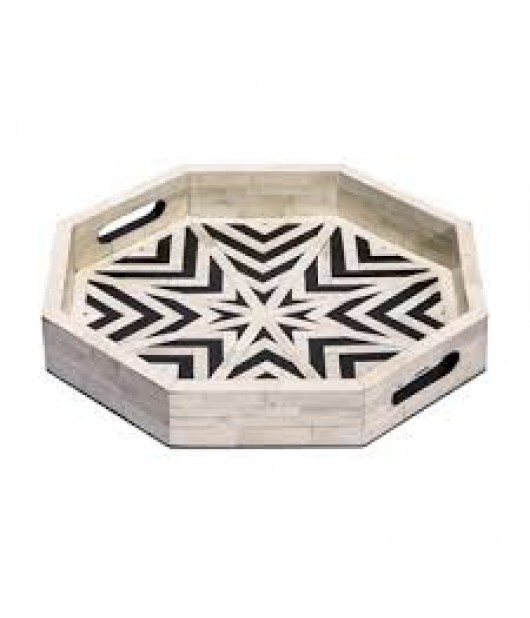 Bone Inlay Wooden Modern Hexagon Pattern Serving Tray - Black and White