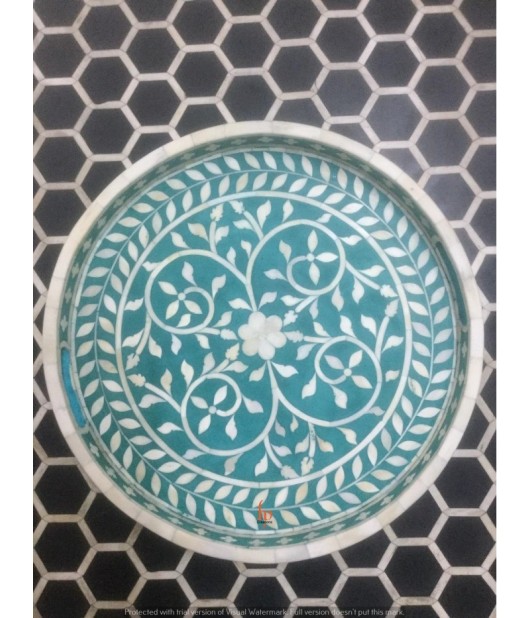 Hand Made bone Inlay Decorative Round Tray - White and Green Color