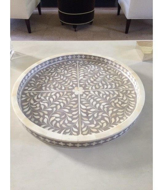 Hand Made bone Inlay Floral Pattern Round Serving Tray - White and Black Color