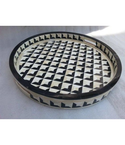 Bone Inlay Round Multipurpose Serving Tray - White and Black Color