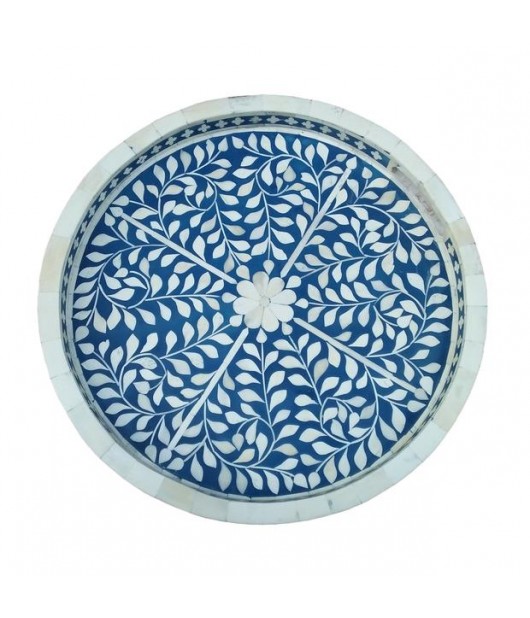 Bone Inlay Round Coffee Serving Tray - White and Blue Color