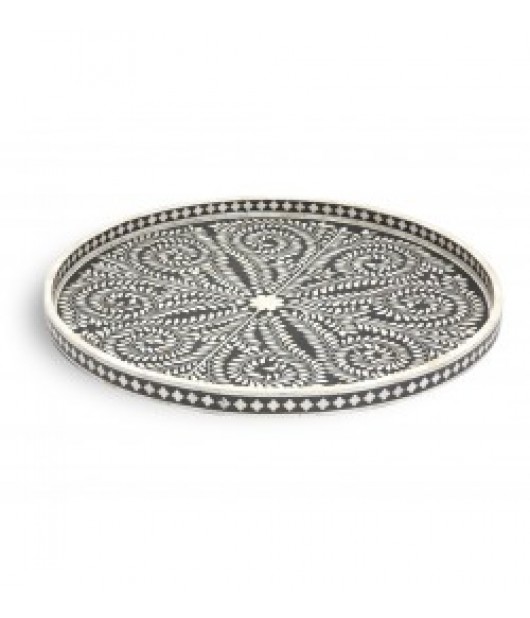 Bone Inlay Floral Pattern Wood Round Tray - White and Black Color