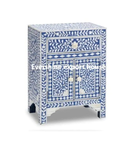 Floral BlueBone Inlay Bedside 1 Drawer 2 Door/Floral Bone Inlay Night Stand/ Bone Inlay Furniture