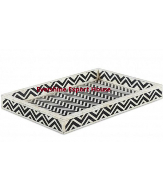 Bone Inlay Tray - Black and White Serving Tray/ Ottoman Tray/ Coffee Table Tray/ Bathroom Tray/ gift for family and friends/ Zigzag Pattern