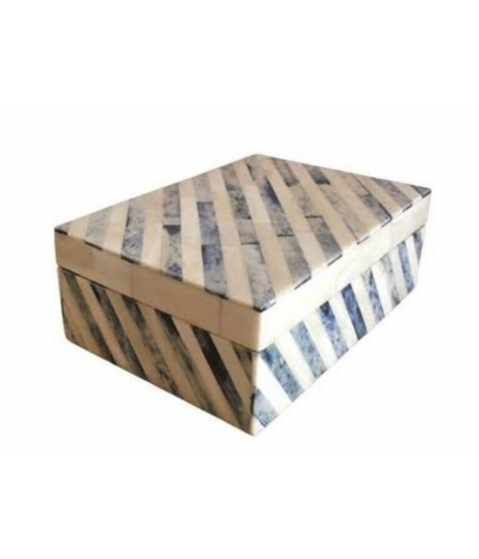 Bone Inlay Wooden Box - White & Blue Striped