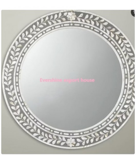 Handmade Grey Bone Inlay Circle Mirror Frame, Wooden Mirror Frame, Wall Décor, Wall Hanging, Antique Handmade Mirror Frame