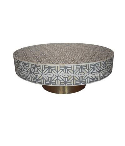 Bone Inlay Geometric design center table, round table, coffee Table, Bone inlay tabletop and brass-finished base