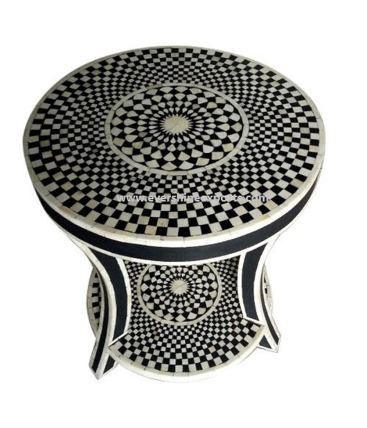 Indian Handmade Black with Base Bone Inlay Side Table Bone inlay End Table Bone Inlay Round Stool Design Bone-Inlaid Drum Stool nightstand