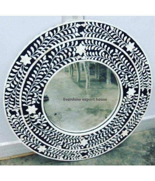 Handmade Black Bone Inlay Circle Mirror Frame, Wooden Mirror Frame, Wall Décor, Wall Hanging, Antique Handmade Mirror Frame
