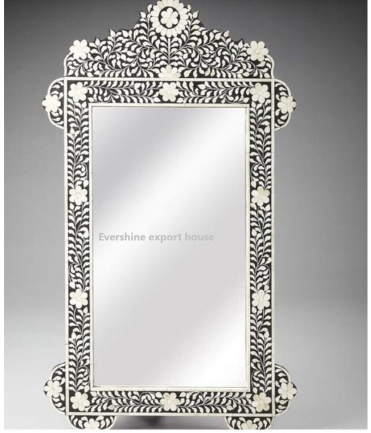 Indian Handmade Black & White floral mirror frame of Bone inlay, wall Hanging mirror, Inlay Mirror, Traditional Look Mirror, Antique Mirror
