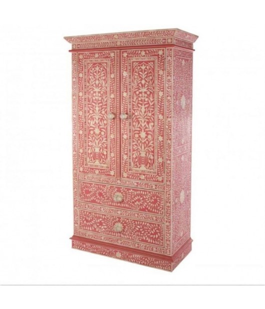Indian Hand Made Bone inlay Red floral Design Wardrobe/ cupboard/ Almirah / Cabinet