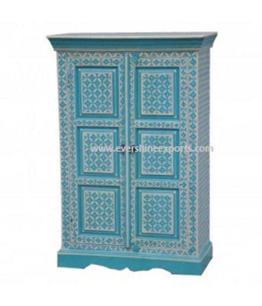 Indian Hand Made Bone inlay Blue floral Design Wardrobe/ cupboard/ Almirah / Cabinet