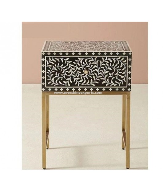 Black Color Unique Very beautiful Bone Inlay Floral Designed Bedside Table Nightstand Table