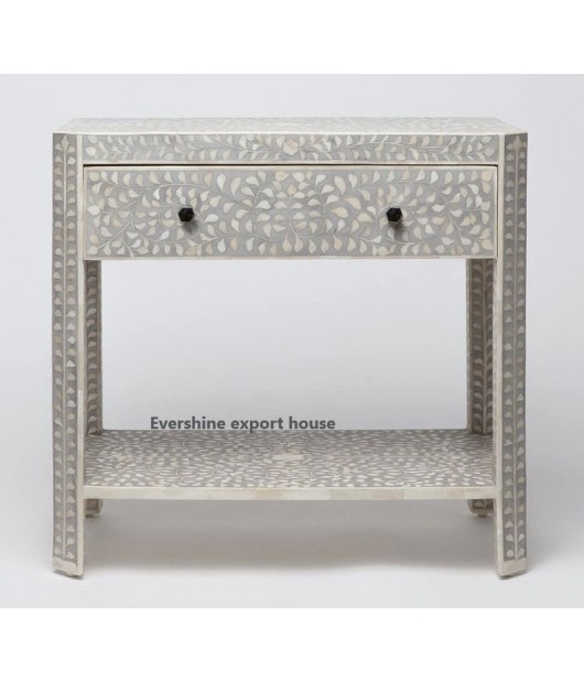 Grey Floral Bone Inlay Bed Side Drawer/ Living Room Furniture