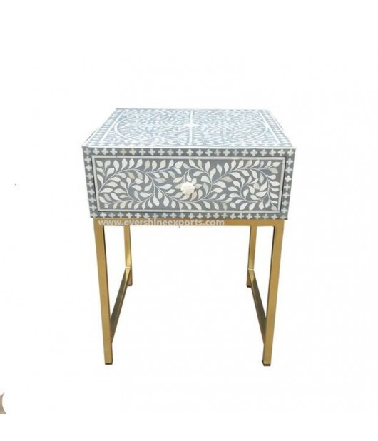 Grey Color Unique Very beautiful Bone Inlay Floral Designed Bedside Table Nightstand Table