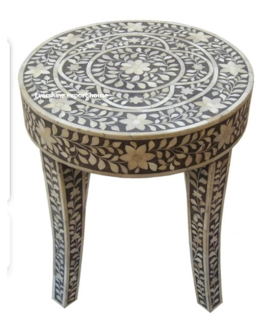 Black Bone Inlay Side Table Bone inlay End Table Bone Inlay Round Stool 