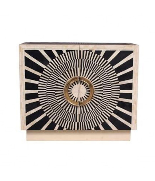 "Sunburst Splendor: Bone Inlay Bar Cabinet" with round handles , black & white, Bone Inlay Dresser, Bone Inlay furniture