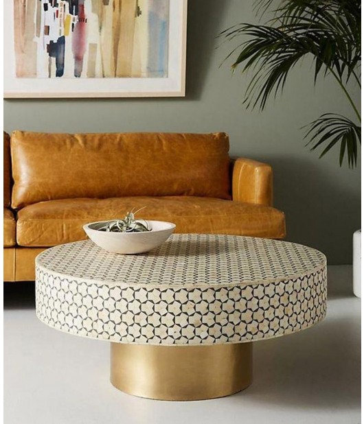 Bone Inlay Geometric pattern Round Coffee Table Home Living Room Traditional Furniture Decoration